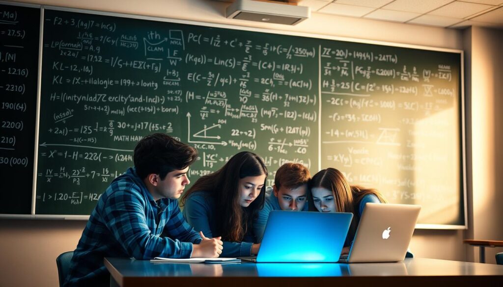 A well-lit classroom setting, with a large chalkboard or whiteboard in the background. Scattered across the board are mathematical equations, algorithms, and cybersecurity symbols, creating a visually striking display of the intersection between mathematics and cybersecurity. In the foreground, a group of students huddled around a table, intently studying a laptop screen, their faces illuminated by the soft glow of the display. The room has a sense of concentration and intellectual focus, capturing the challenge and excitement of overcoming math hurdles in the pursuit of cybersecurity expertise.