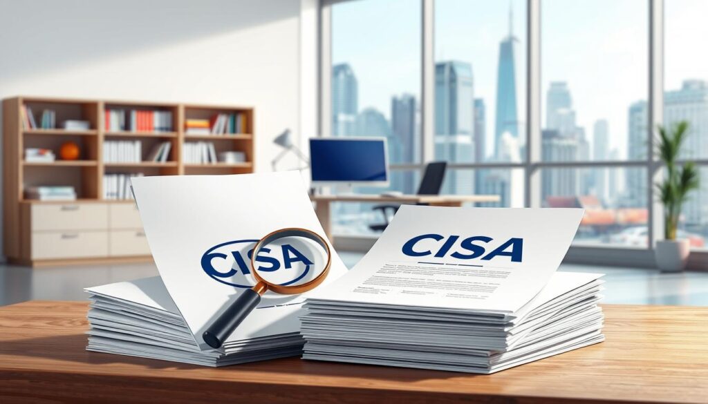 A well-lit, high-resolution illustration of the key requirements for the Certified Information Systems Auditor (CISA) certification. The foreground depicts a stack of documents with the CISA logo, surrounded by a magnifying glass, a computer, and other auditing tools. The middle ground shows a clean, modern office setting with a desk, chair, and bookshelves. The background features a cityscape with skyscrapers, symbolizing the professional and technical nature of the CISA certification. The overall composition conveys the rigorous and comprehensive nature of the CISA certification process.