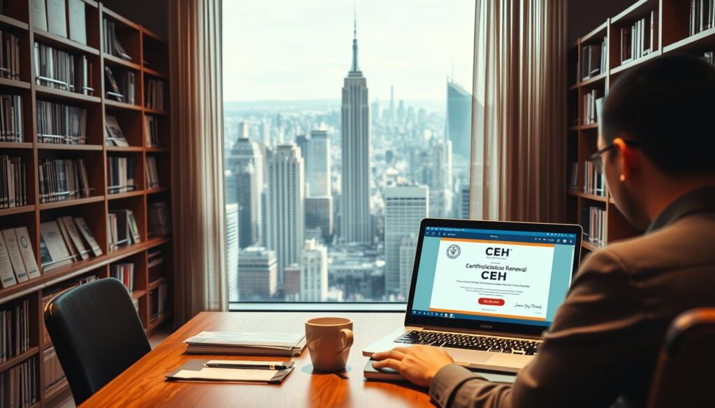 A well-lit, high-resolution image of the CEH certification renewal process. In the foreground, a person sitting at a desk, intently focused on a laptop screen displaying the CEH renewal application. On the desk, an official CEH certification document and a cup of coffee. In the middle ground, bookcases lining the walls, filled with technical manuals and security resources. The background features an expansive window overlooking a bustling city skyline, conveying a sense of professionalism and achievement. The lighting is warm and inviting, creating a productive and aspirational atmosphere.