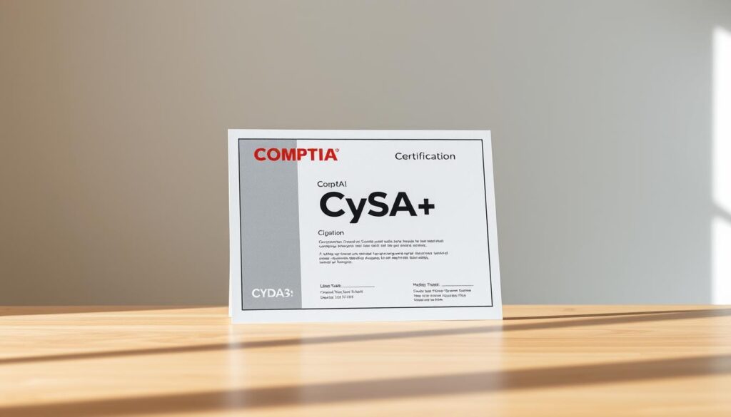 A well-lit, high-resolution photograph of a CompTIA CySA+ certification document, positioned prominently on a clean, minimalist wooden desk. The certification is presented against a soft, blurred background, giving it a sense of focus and importance. The composition emphasizes the sleek, professional design of the certification, with clean lines and a neutral color palette that complements the natural wood tones of the desk. Subtle shadows and highlights add depth and dimension, conveying a sense of quality and authenticity. The overall mood is one of accomplishment, success, and the value of earning this respected cybersecurity credential.