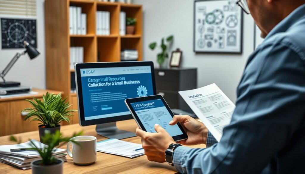 A well-lit office setting with a desktop computer, a smartphone, and a tablet displaying various CISA cybersecurity resources for small businesses. In the foreground, an entrepreneur reviewing documents and digital materials related to CISA's support programs. The middle ground features a desk with a potted plant, a mug of coffee, and a stack of printed materials. The background showcases a bookshelf and wall art depicting network diagrams and security analytics. The overall atmosphere conveys a sense of productivity, security, and a commitment to leveraging CISA's expertise to enhance the cybersecurity posture of a small enterprise.