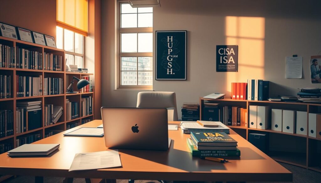 A well-lit office workspace, with a desk featuring a laptop, study materials, and a CISA exam guide prominently displayed. The surrounding shelves are filled with industry-related books and certifications. Warm, natural lighting filters through large windows, casting a focused, concentrated atmosphere. A strategically placed motivational poster or inspirational quote on the wall adds a touch of determination. The overall scene conveys a sense of intentional, final preparation for the CISA exam, radiating professionalism and a commitment to success.