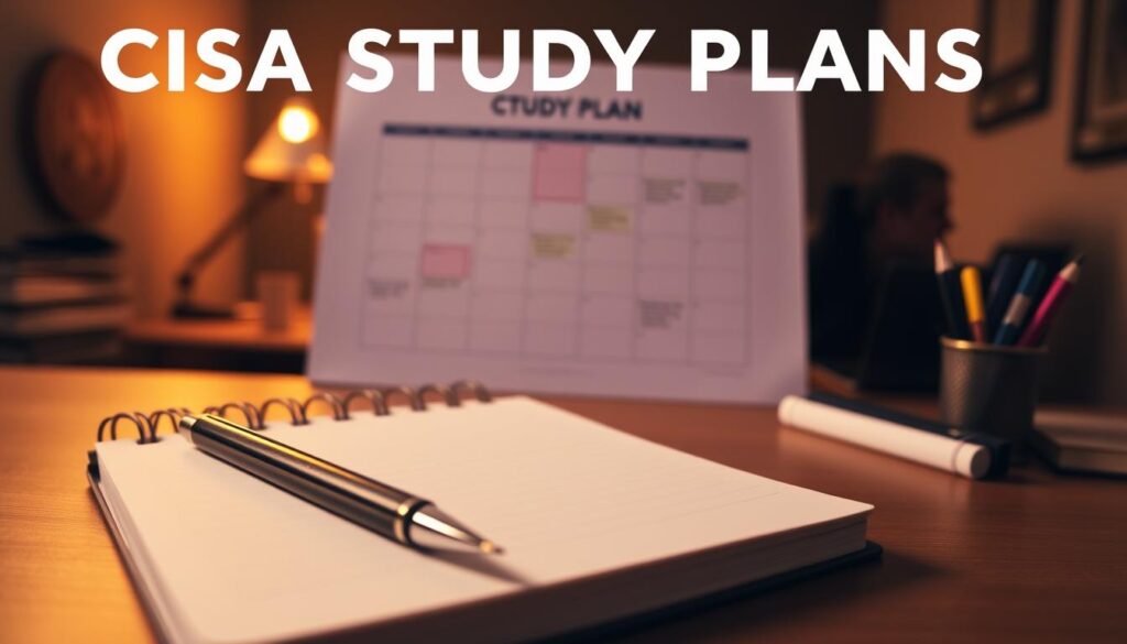 A well-organized study plan for the CISA exam, with a clean and professional design. The foreground features a notebook, pen, and highlighter in a neutral color palette, symbolizing focused study and preparation. The middle ground showcases a calendar or timeline, highlighting key milestones and deadlines. The background depicts a dimly lit office or study space, with warm lighting creating a focused and productive atmosphere. The overall composition conveys a sense of structure, discipline, and attention to detail - essential elements for successfully navigating the CISA certification process.