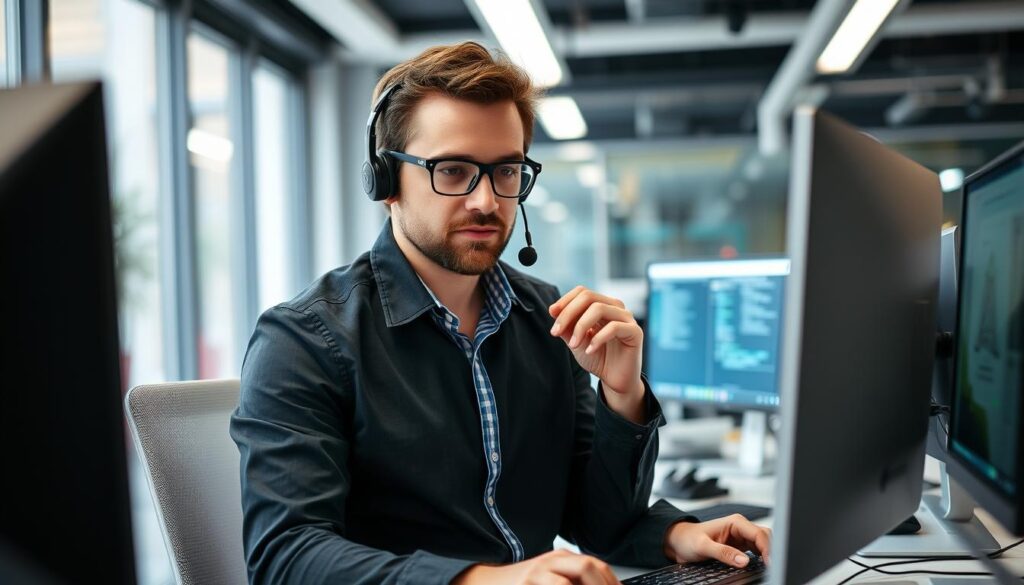 An IT support specialist working on a computer