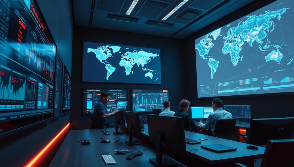 An advanced cybersecurity command center with cutting-edge technology. In the foreground, a wall-mounted display showcases real-time data analytics and threat monitoring dashboards. The middle ground features a team of security specialists collaborating at sleek workstations, their expressions focused as they analyze complex network diagrams. In the background, a large projection screen displays a global cybersecurity threat map, with pulsing hubs of activity highlighting the need for a proactive security strategy. Dramatic lighting casts an intense, high-tech atmosphere, emphasizing the importance of comprehensive cybersecurity services in safeguarding critical systems and data.