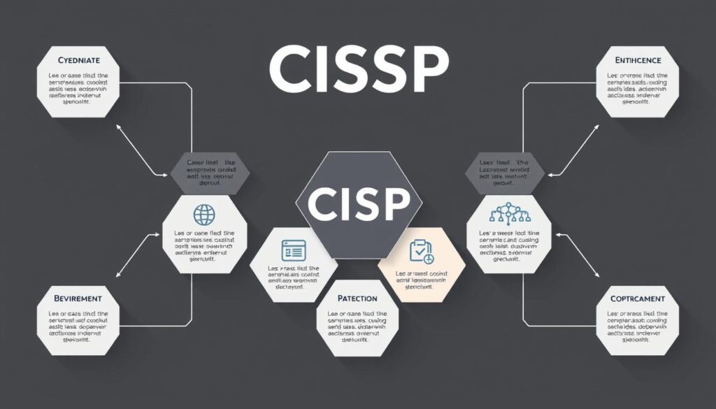 An elaborate infographic showcasing the 8 CISSP security domains, rendered in a clean, minimalist style with crisp lines and subtle gradients. The domains are depicted as distinct hexagonal tiles arranged in a visually striking, symmetrical layout, each tile containing an iconic symbol and brief descriptor. A neutral, muted color palette evokes a sense of professionalism and technical expertise. Subtle highlights and shadows add depth, while the overall composition conveys a well-structured, comprehensive overview of the CISSP security framework.