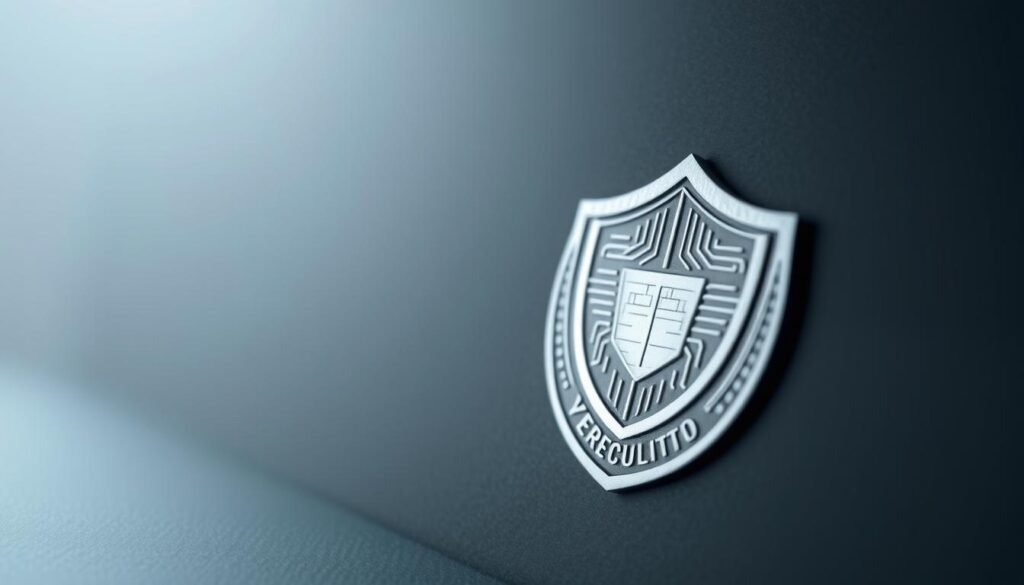 An elegant cybersecurity certification, rendered in a sleek, minimalist style. A silver-gray emblem with a digital circuit pattern and a shield-like shape, conveying a sense of protection and expertise. Soft lighting casts a gentle glow, while a depth of field blur creates a focused, professional atmosphere. The composition is balanced, with the certification taking center stage against a subtly textured, muted background. This image evokes the tangible value and accomplishment of earning a respected cybersecurity credential, reflecting the success and advancement it can bring to one's career.