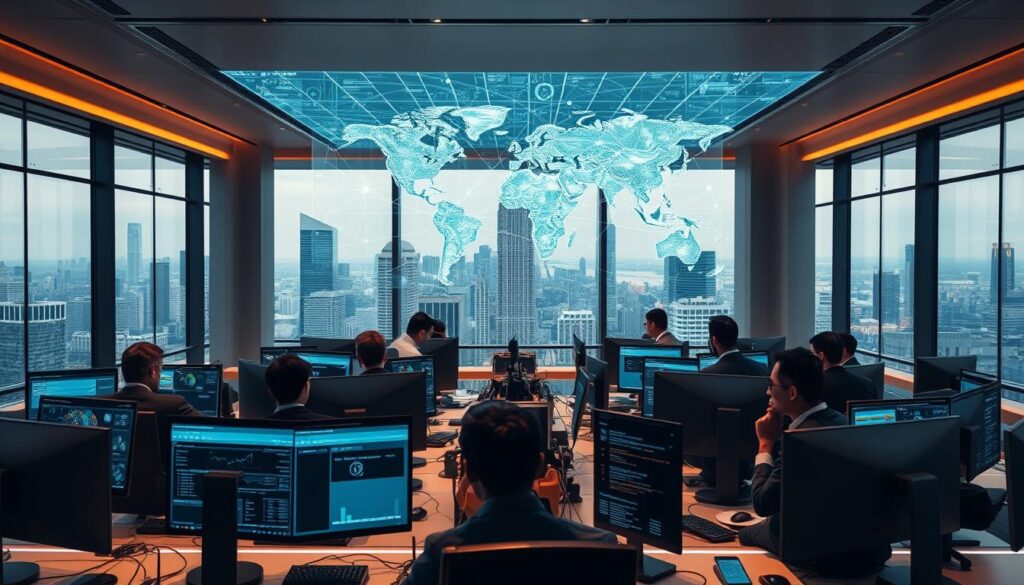An elegant, modernistic cybersecurity workspace. In the foreground, a diverse group of professionals collaborating at sleek workstations, their expressions intent as they analyze data visualizations and security dashboards. In the middle ground, a towering holographic display projects a complex, interconnected cyber threat map. The background features sweeping city skyline views through floor-to-ceiling windows, bathed in a warm, focused lighting that conveys a sense of technical mastery and strategic insight. The overall atmosphere is one of dynamic problem-solving, cutting-edge technology, and a collaborative, future-forward approach to cybersecurity.