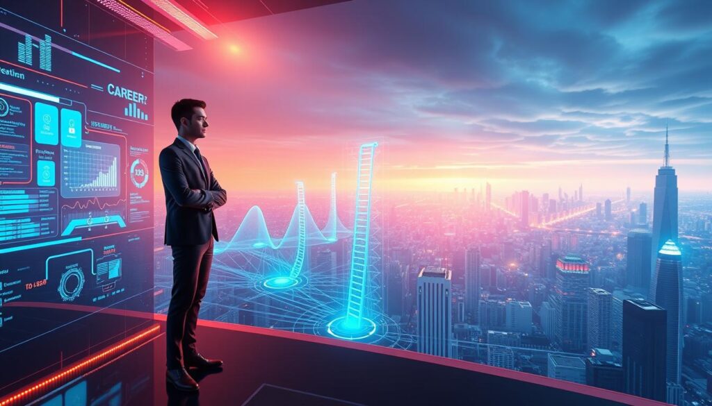 An expansive 3D scene depicting the career advancement opportunities in the field of cyber security. In the foreground, a professional cyber security expert stands confidently, surrounded by a sleek, futuristic interface of digital displays and holographic projections. The middle ground showcases various career paths, represented by branching paths, ascending ladders, and dynamic data visualizations. In the distant background, a vast cityscape of towering skyscrapers and interconnected networks creates a sense of scale and the vastness of the cyber security industry. The lighting is a blend of cool, neon hues and warm, focused spotlights, conveying a sense of technological progress and personal growth. The overall mood is one of ambition, innovation, and limitless potential within the cyber security domain.