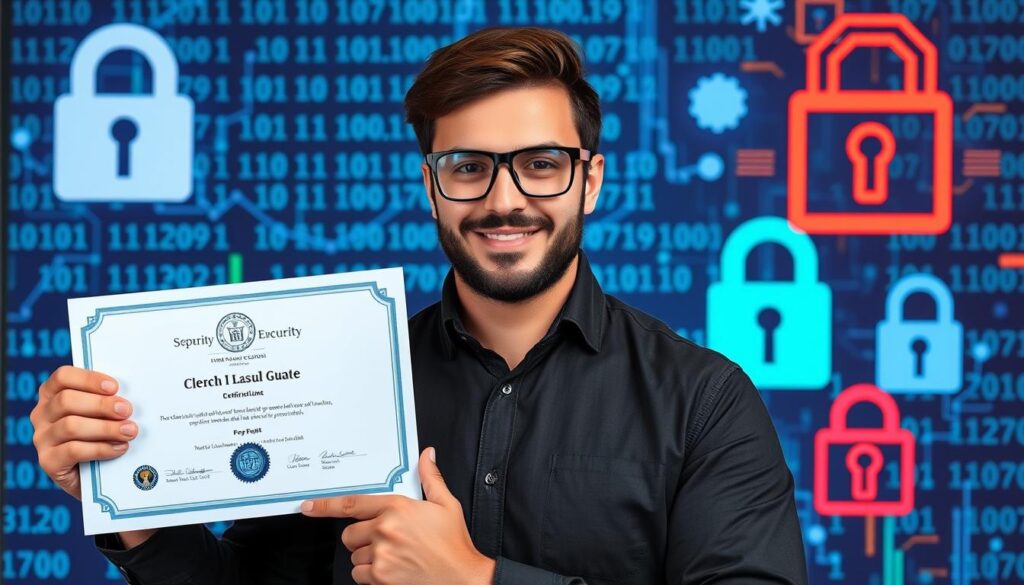 An image of a professional holding a certificate with a cybersecurity background