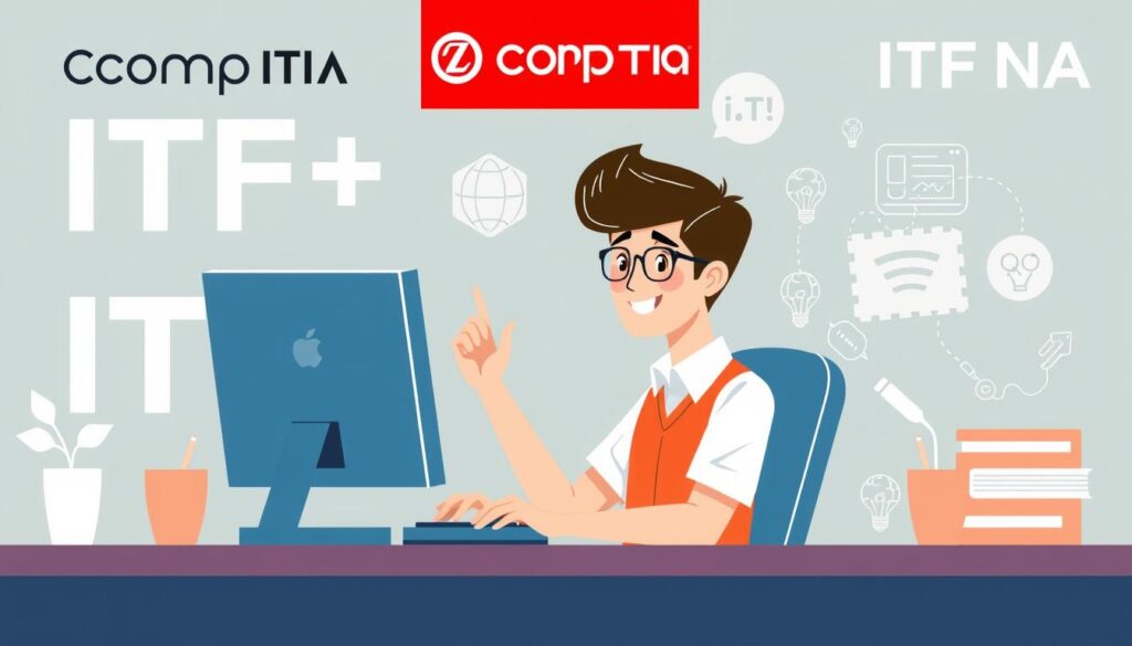 An image representing CompTIA ITF+ certification, possibly with a beginner IT professional in front of a computer.