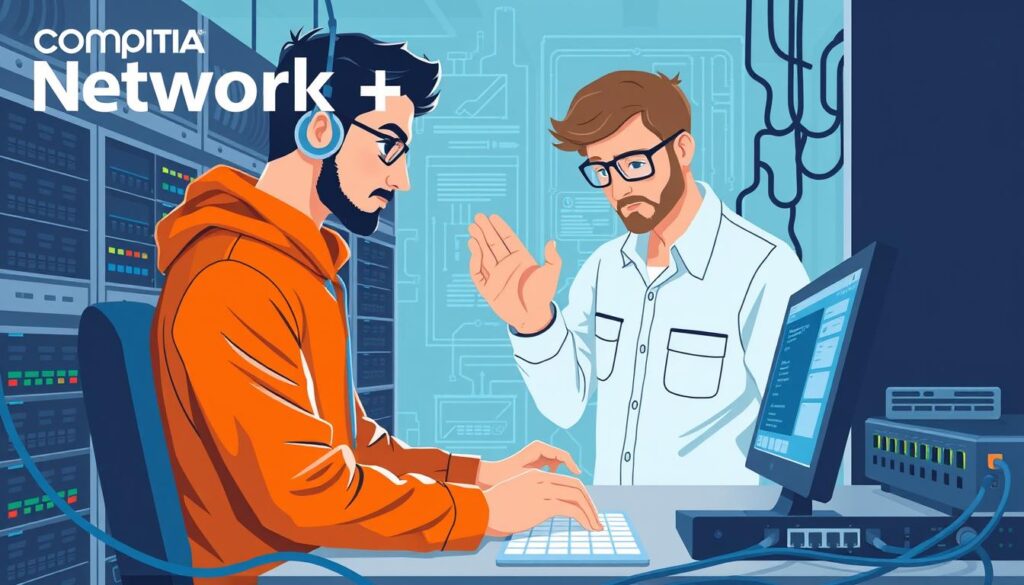 An image representing CompTIA Network+ certification, possibly with a network engineer configuring a network device.