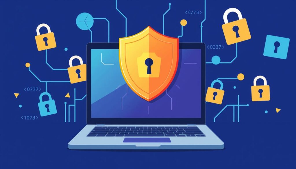 An image representing Coursera's cybersecurity courses, featuring elements like a laptop with a shield, symbolizing security and protection.