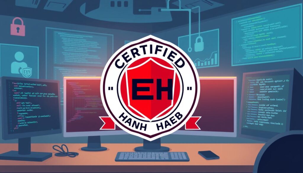 An image representing the Certified Ethical Hacker certification, possibly with a logo or a professional in a cybersecurity environment.