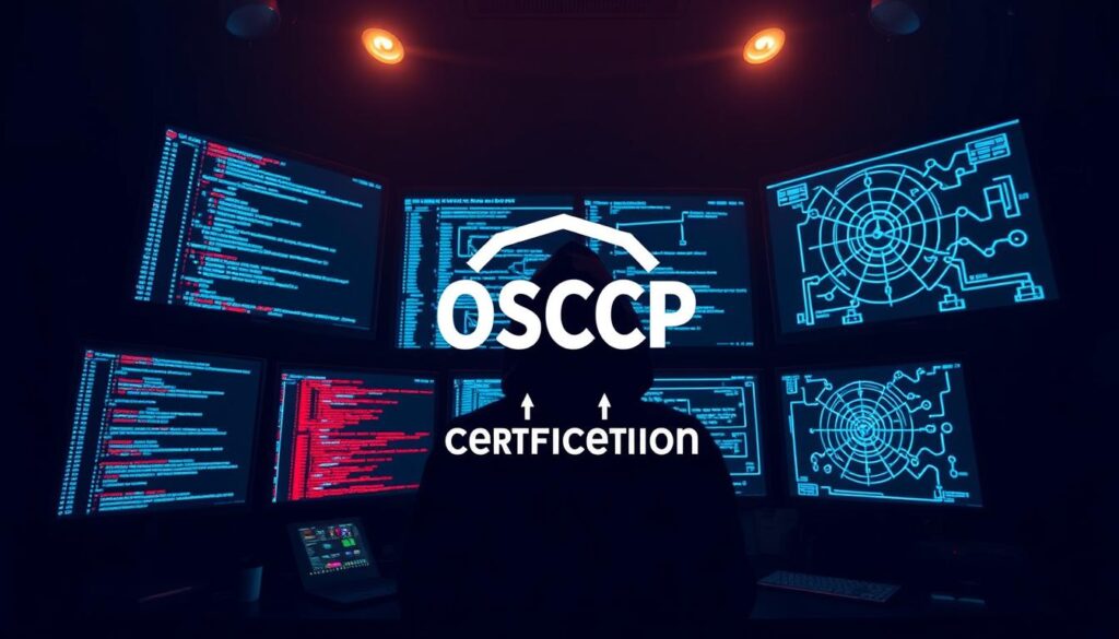 An image representing the OSCP certification, with a hacker in a dark room filled with screens displaying code and network diagrams.