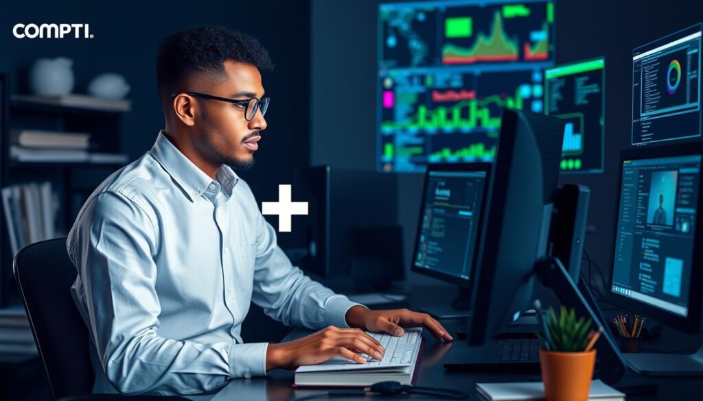 An image symbolizing CompTIA A+ certification, possibly with an IT professional working on a computer.