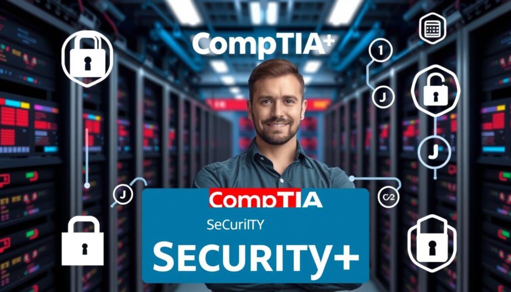 An image symbolizing CompTIA Security+ certification, possibly with a cybersecurity professional in front of a secure network infrastructure.