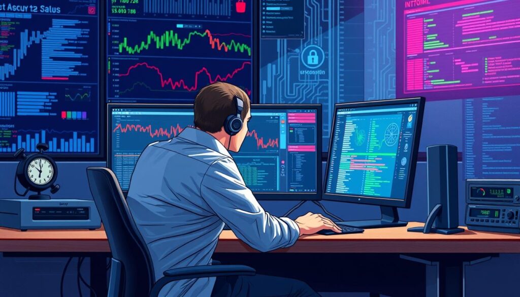 Create an image of a cybersecurity analyst working on a computer with multiple screens displaying network traffic and security event logs.