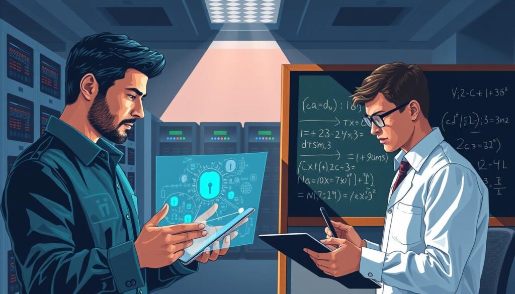 Cybersecurity vs Computer Science Math Requirements A detailed illustration depicting the contrast between the math requirements for cybersecurity and computer science degrees. In the foreground, a cybersecurity professional with focused expression analyzes complex security protocols on a holographic display. In the middle ground, a computer science student works through intricate mathematical equations on a chalkboard. The background features a sleek, high-tech office environment with server racks and state-of-the-art equipment. Dramatic lighting casts long shadows, creating a sense of depth and emphasizing the technical nature of both fields. The overall atmosphere conveys the intellectual rigor and technical sophistication demanded by these disciplines.