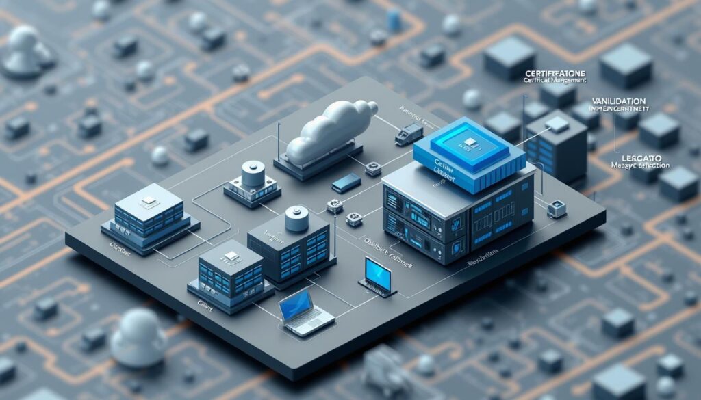 Detailed digital certificate implementation diagram with a dynamic network infrastructure in the background. Isometric view showcasing the certificate management lifecycle, including generation, distribution, validation, and revocation processes. Prominent data center with cloud connectivity, multiple client devices, and secure communication channels. Utilize a muted color palette with blue, gray, and metallic tones to convey a sense of professionalism and technology. Apply realistic lighting effects, soft shadows, and slight camera blur to enhance the depth and focus of the scene.