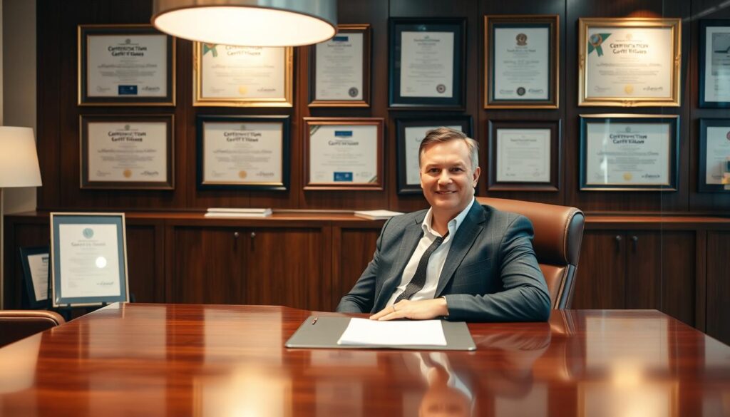 Elegant office interior with a large wooden desk, a professional-looking person in a suit sitting at the desk, and various certifications and diplomas framed on the wall behind them. The lighting is warm and inviting, creating a sense of professionalism and accomplishment. The person's expression is one of confidence and pride, reflecting the benefits of their certifications. The background is blurred, keeping the focus on the certifications and the person's accomplishments.