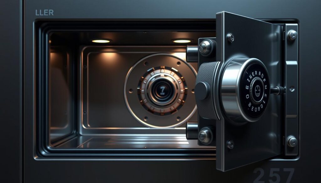 Generate an image of a Level 7 safe with its door open, showcasing the interior and advanced locking mechanism.