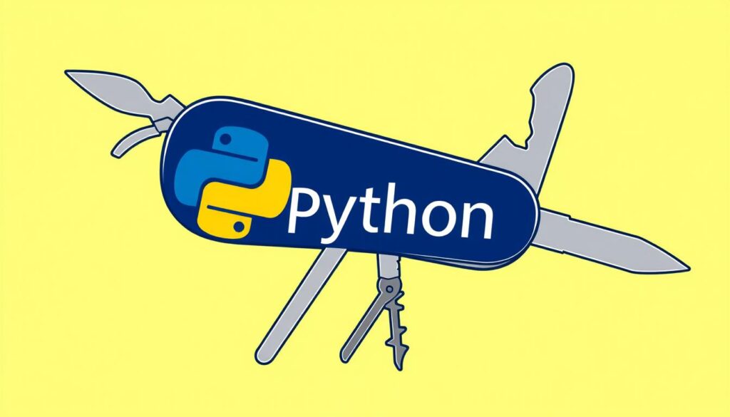 Generate an image of a Swiss Army knife with Python programming language logo incorporated into the design.