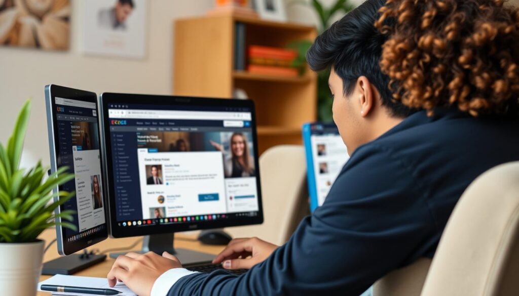 Generate an image of a person sitting in front of a computer with multiple online course tabs open on the screen.
