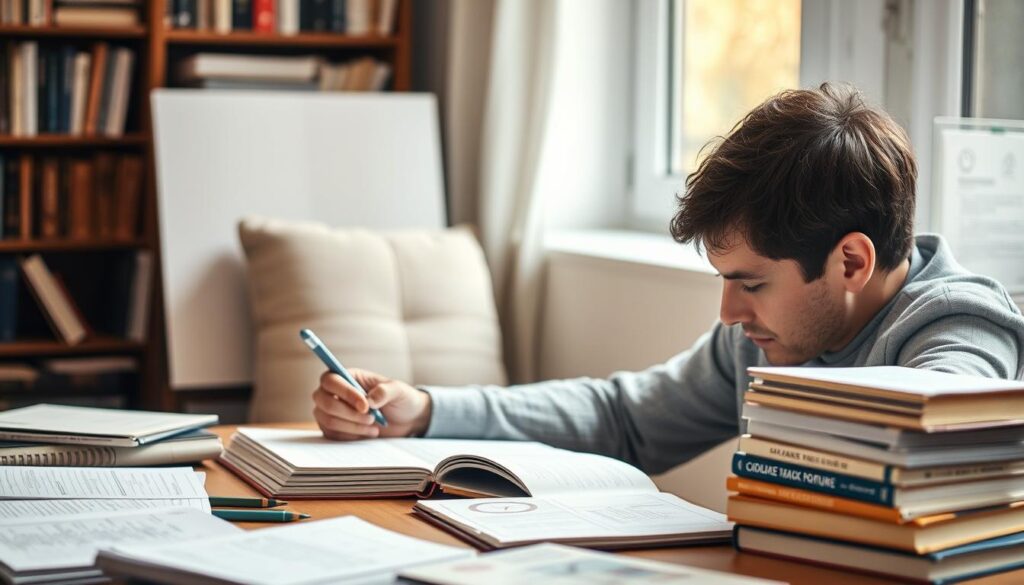 Generate an image of a person studying with CISA exam materials