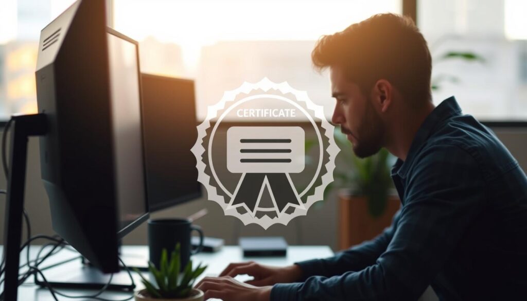 Generate an image of a person working on a computer with a certificate icon overlay.