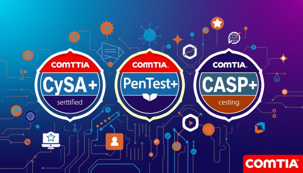 Generate an image representing CompTIA CySA+, PenTest+, and CASP+ certifications.
