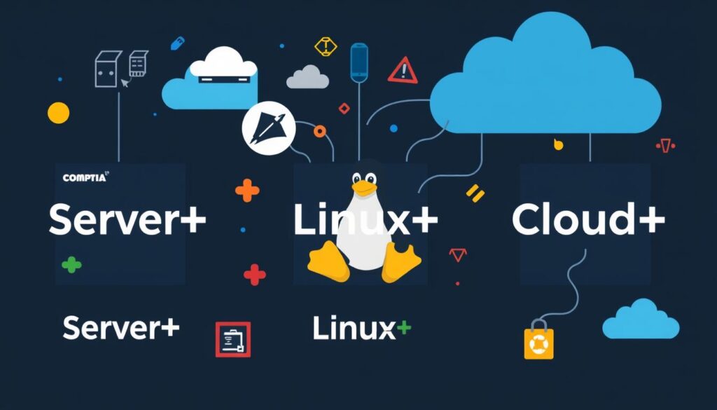 Generate an image representing CompTIA Server+, Linux+, and Cloud+ certifications.