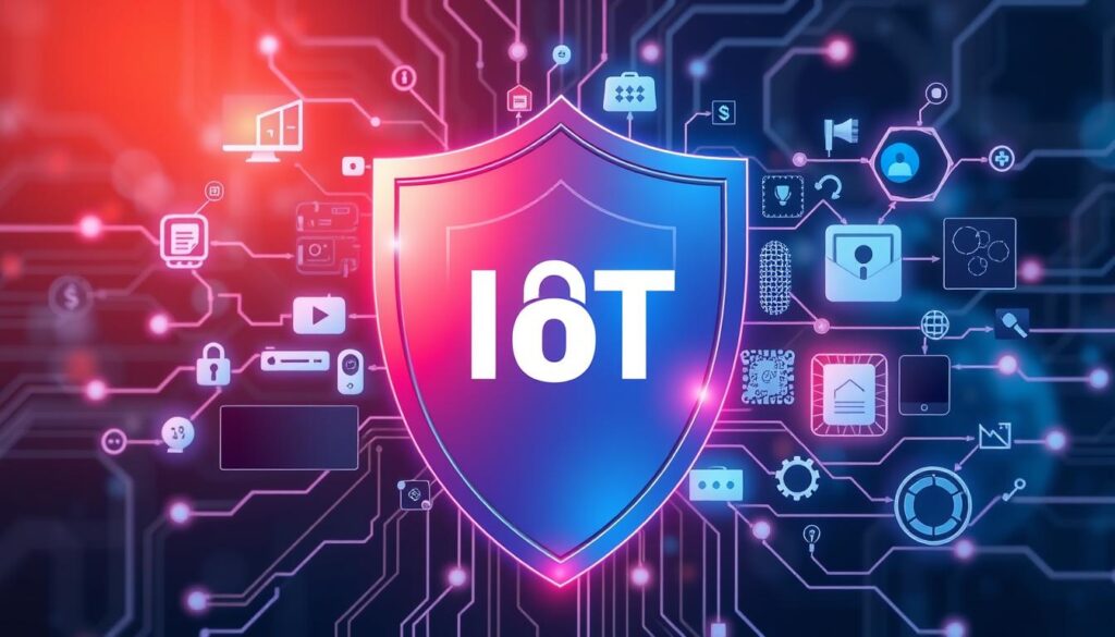 Generate an image representing IoT security with various connected devices and a shield symbolizing protection.