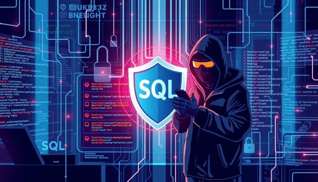 Generate an image representing SQL in cybersecurity, such as a shield around a database or a hacker using SQL commands.