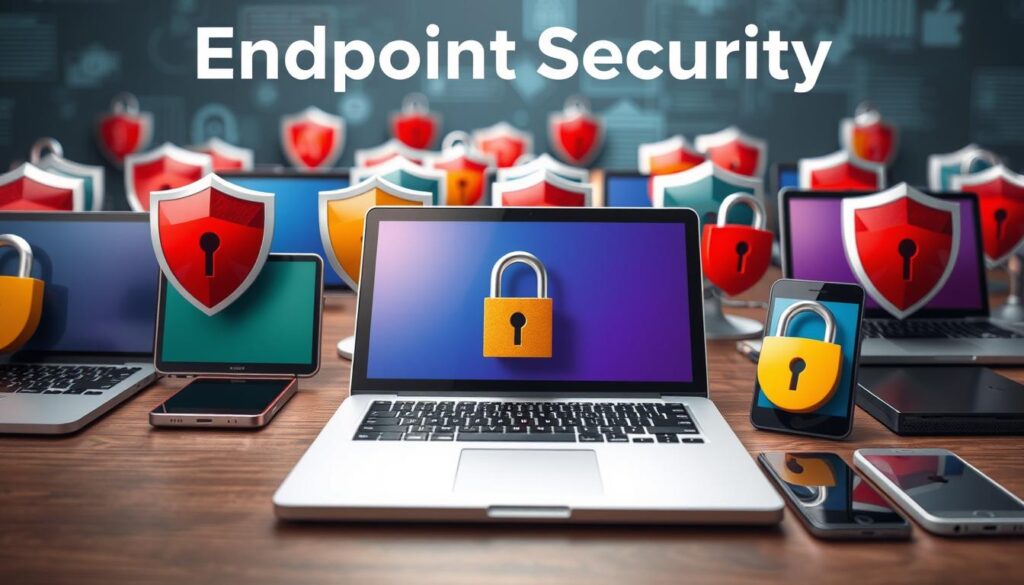 Generate an image representing endpoint security, including various devices such as laptops, desktops, and mobile phones, all secured with shields or locks.