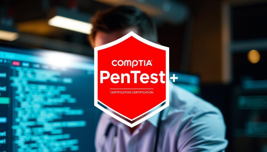 Generate an image representing the CompTIA PenTest+ certification, possibly with a cybersecurity professional in the background.