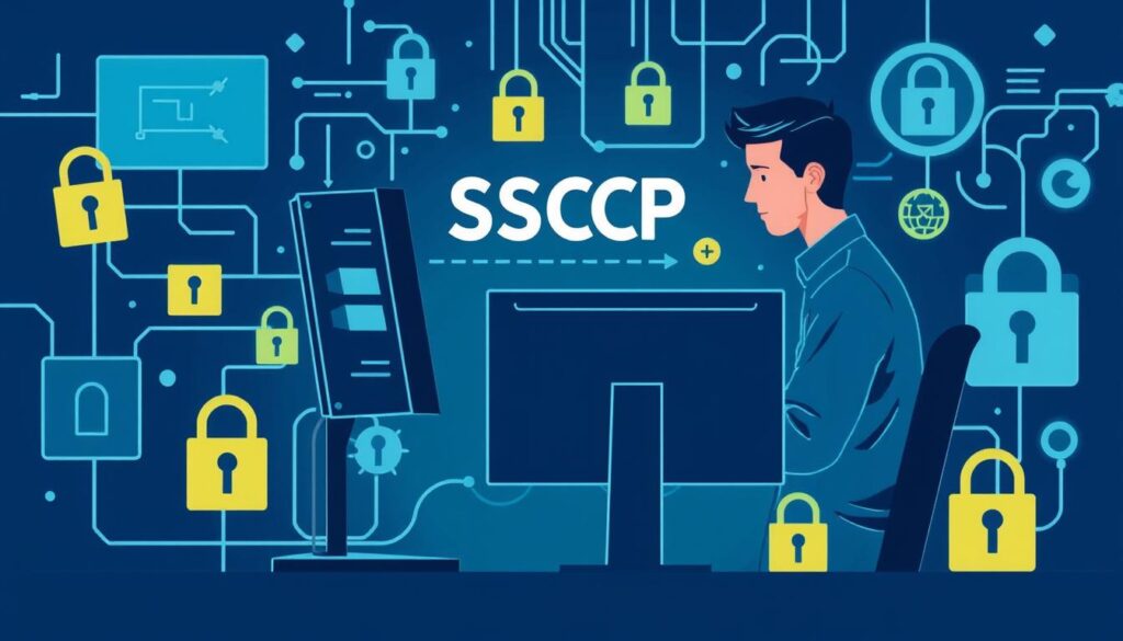 Generate an image representing the SSCP certification, possibly with a security professional working on a computer.