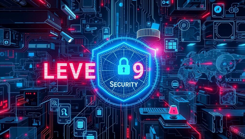Generate an image representing the concept of Level 9 Security, showcasing advanced security measures and technology.