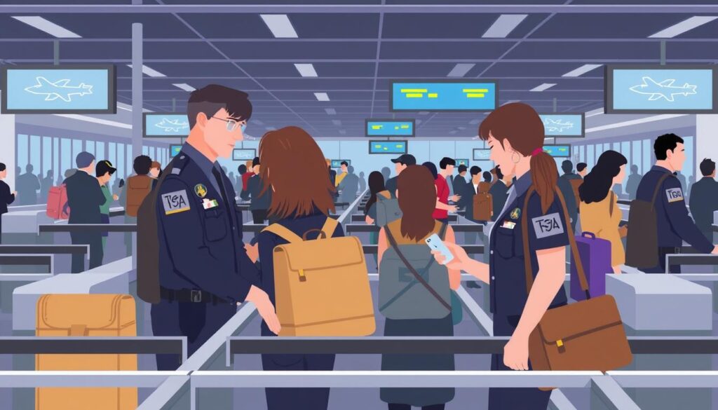 Image of TSA agents screening passengers at an airport