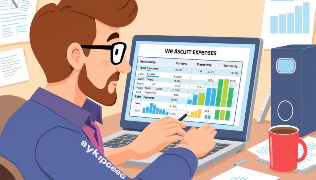 Image of a business owner reviewing cybersecurity costs on a computer screen