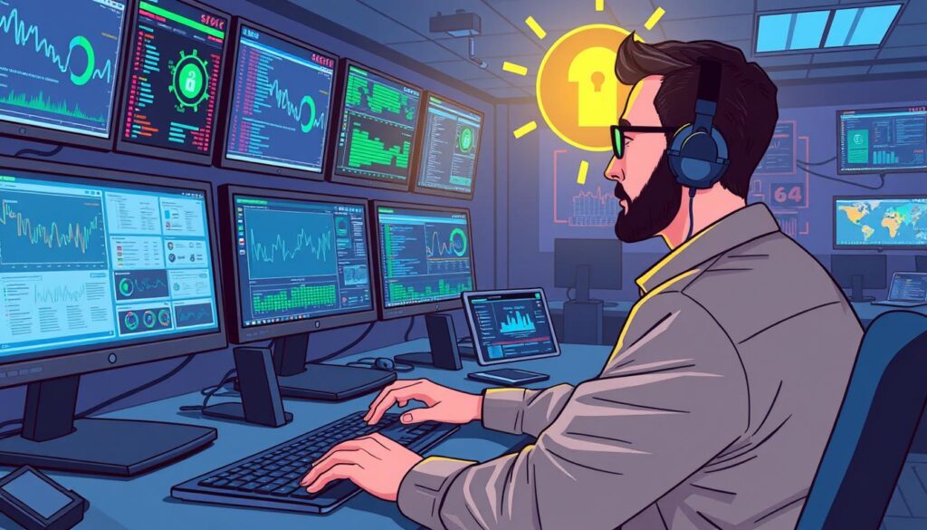 Image of a cybersecurity analyst working in a Security Operations Center (SOC)