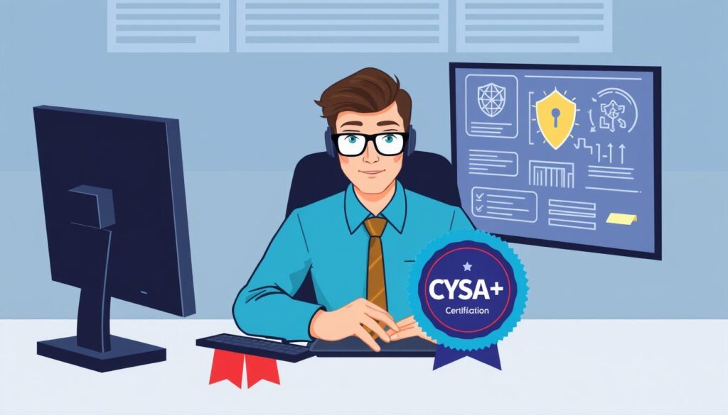 Image of a cybersecurity analyst working on a computer with a CySA+ certification badge.