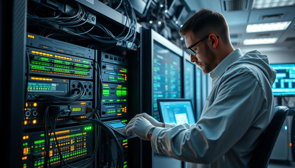 Image of a cybersecurity professional working on a complex network setup in a lab environment.