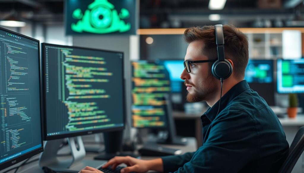 Image of a cybersecurity professional working on a computer with C/C++ code on the screen
