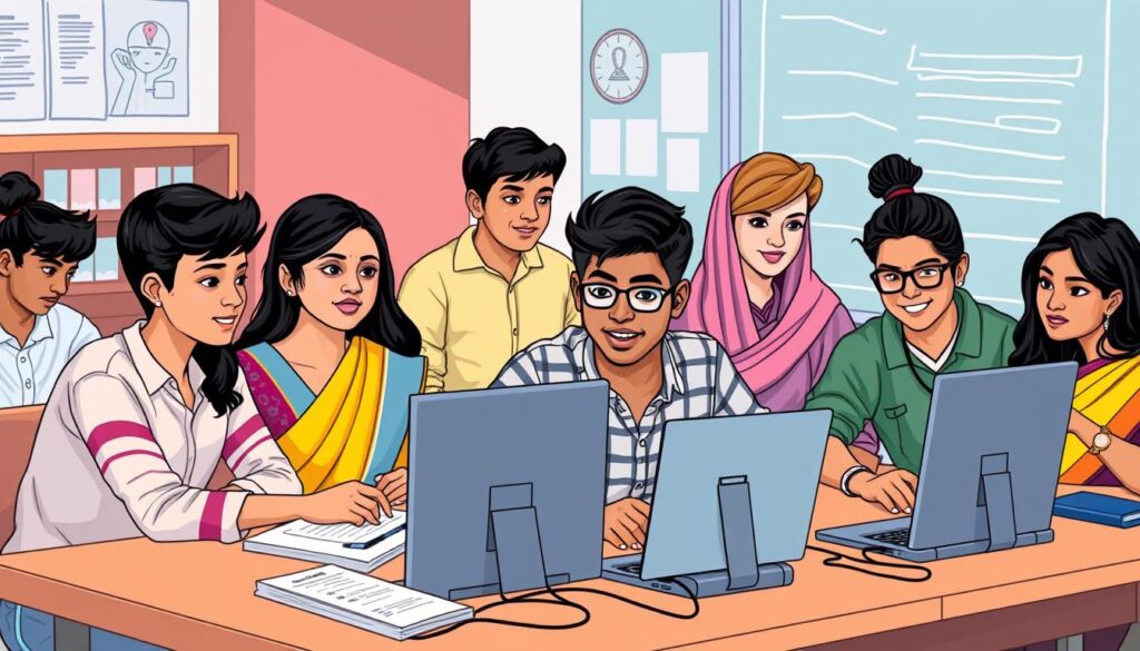 Image of a diverse group of students learning cyber security in an Indian classroom