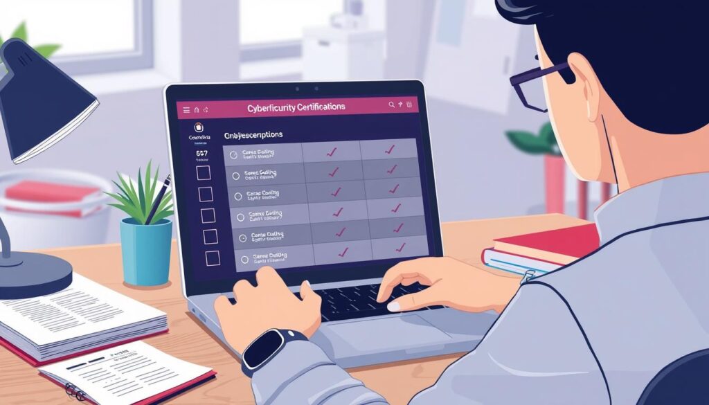 Image of a person comparing different cybersecurity certifications on a laptop screen