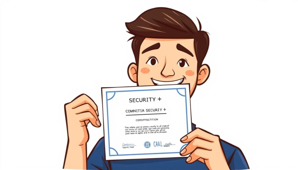 Image of a person holding a CompTIA Security+ certification