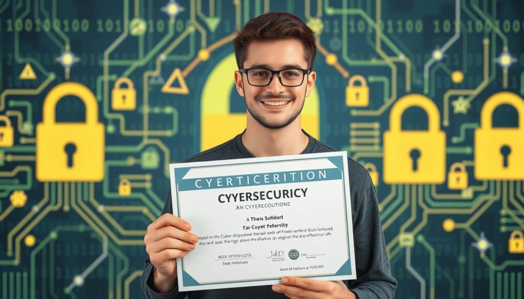 Image of a person holding a certificate with a cybersecurity background