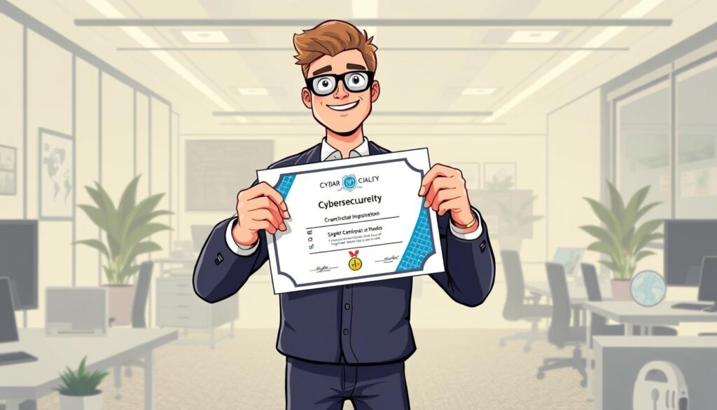 Image of a person holding a cybersecurity certification certificate