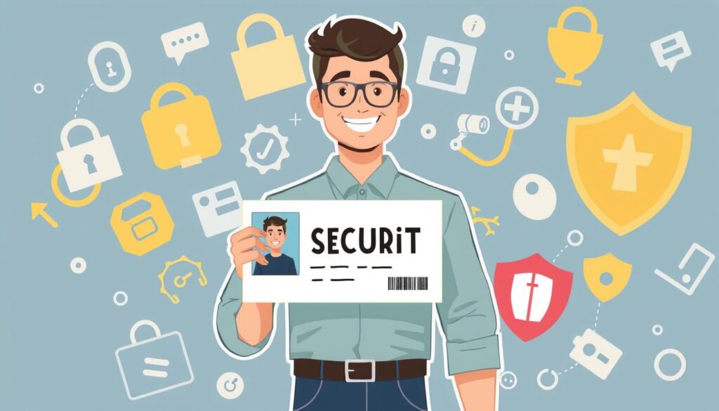 Image of a person holding a security guard license with a background of security-related icons